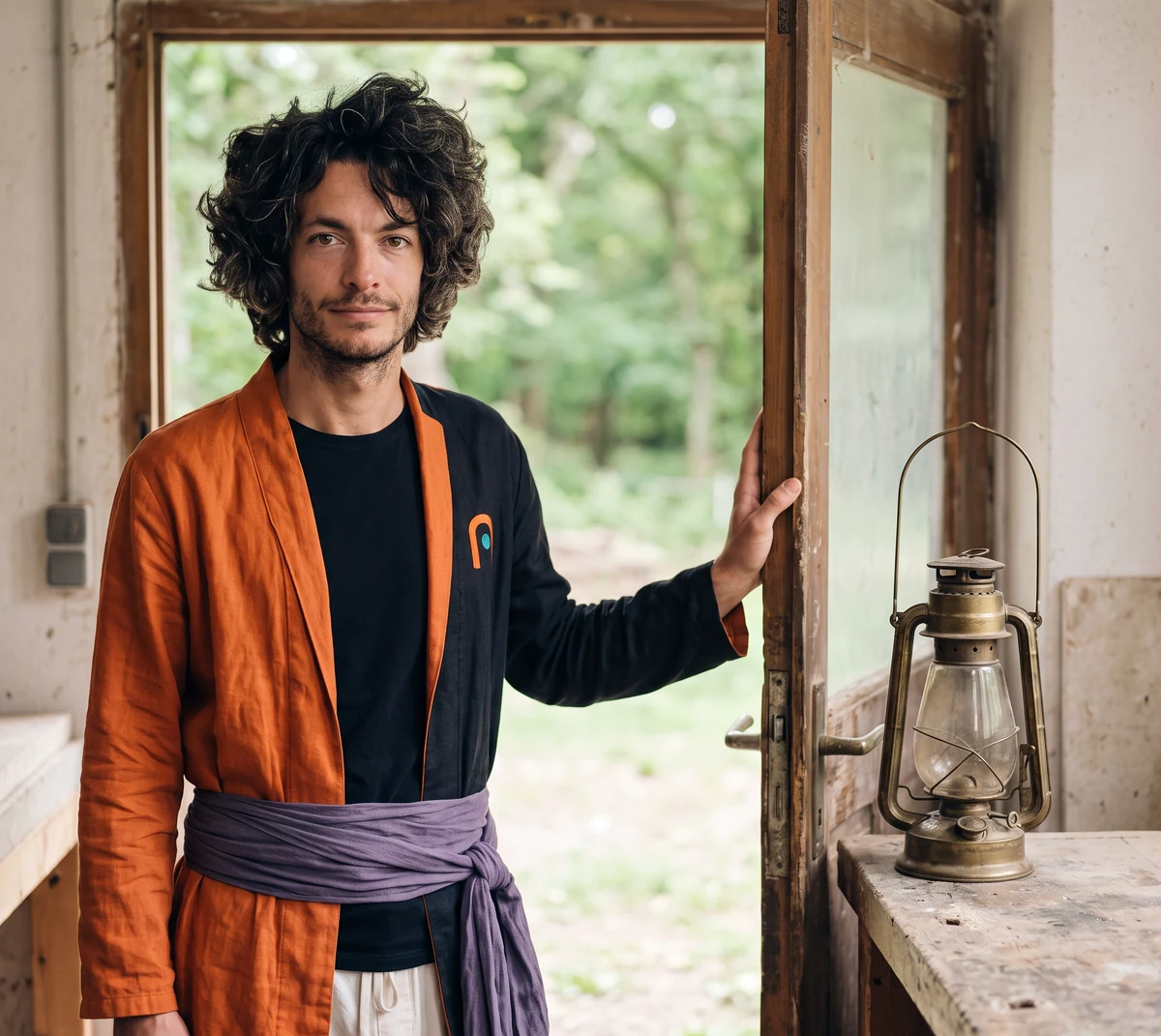 Chai at the open workshop door, the green clearing behind him.