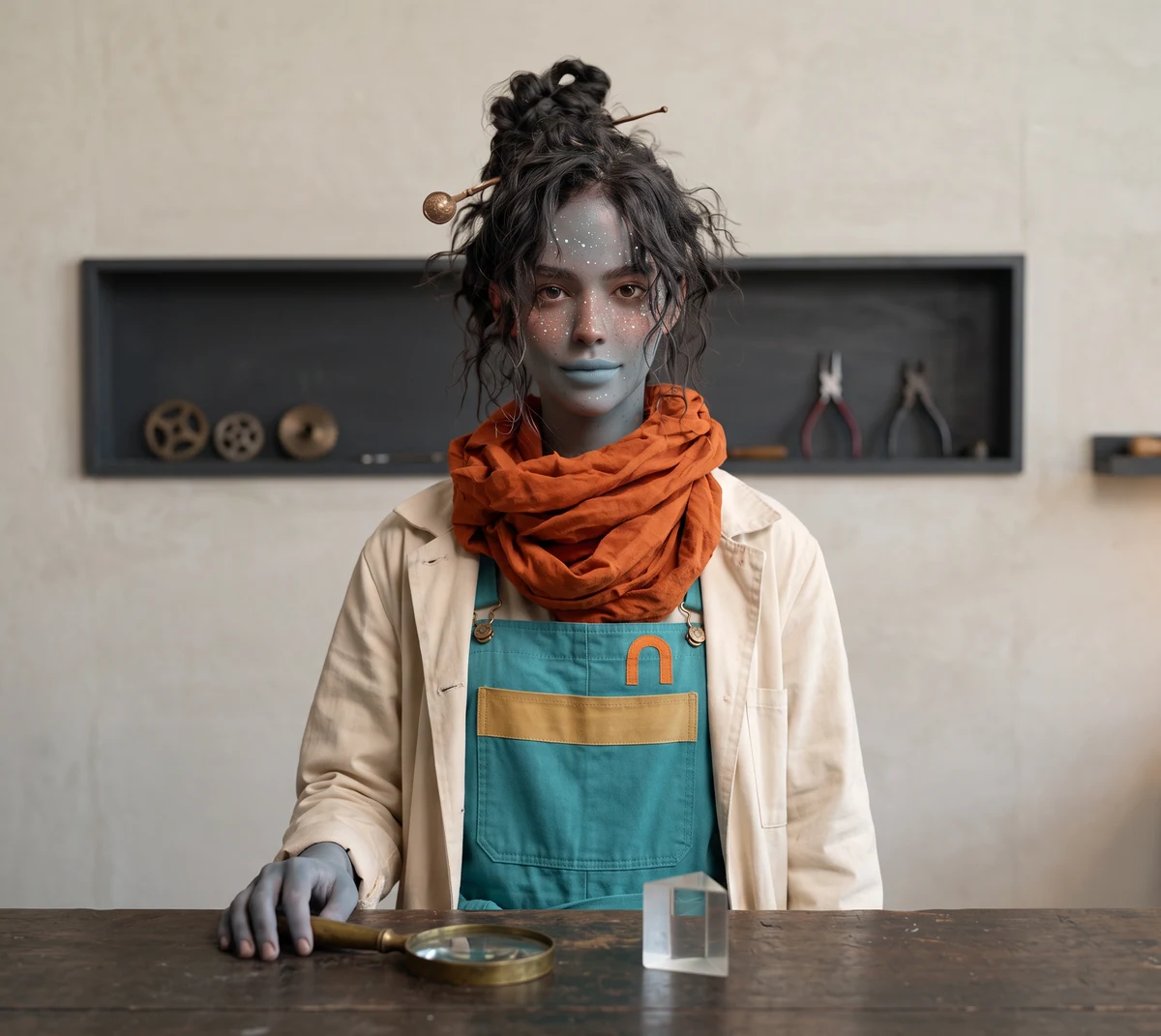 Kali at the workbench beside a brass magnifier and a glass prism.