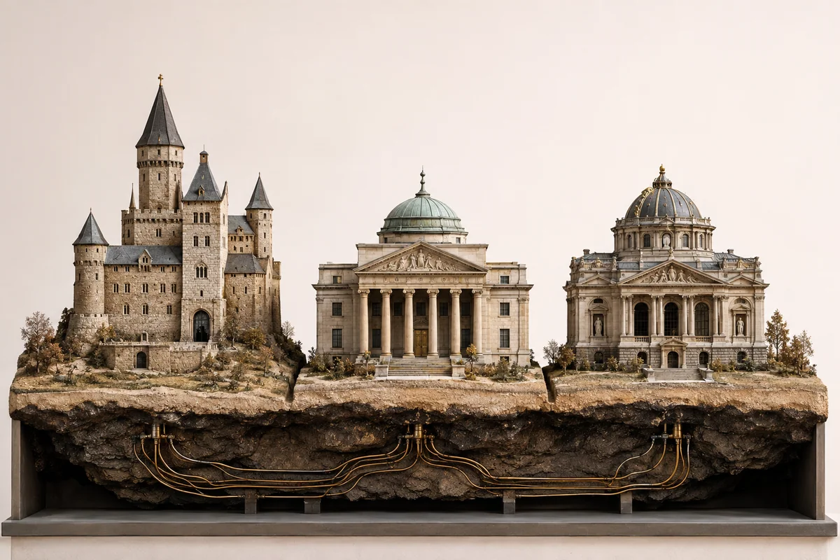 Bir saray, bir banka binası ve bir müze ayrı ayrı duruyor, ama temellerinin altında ince altın iplikler onları kökler gibi birbirine bağlıyor.