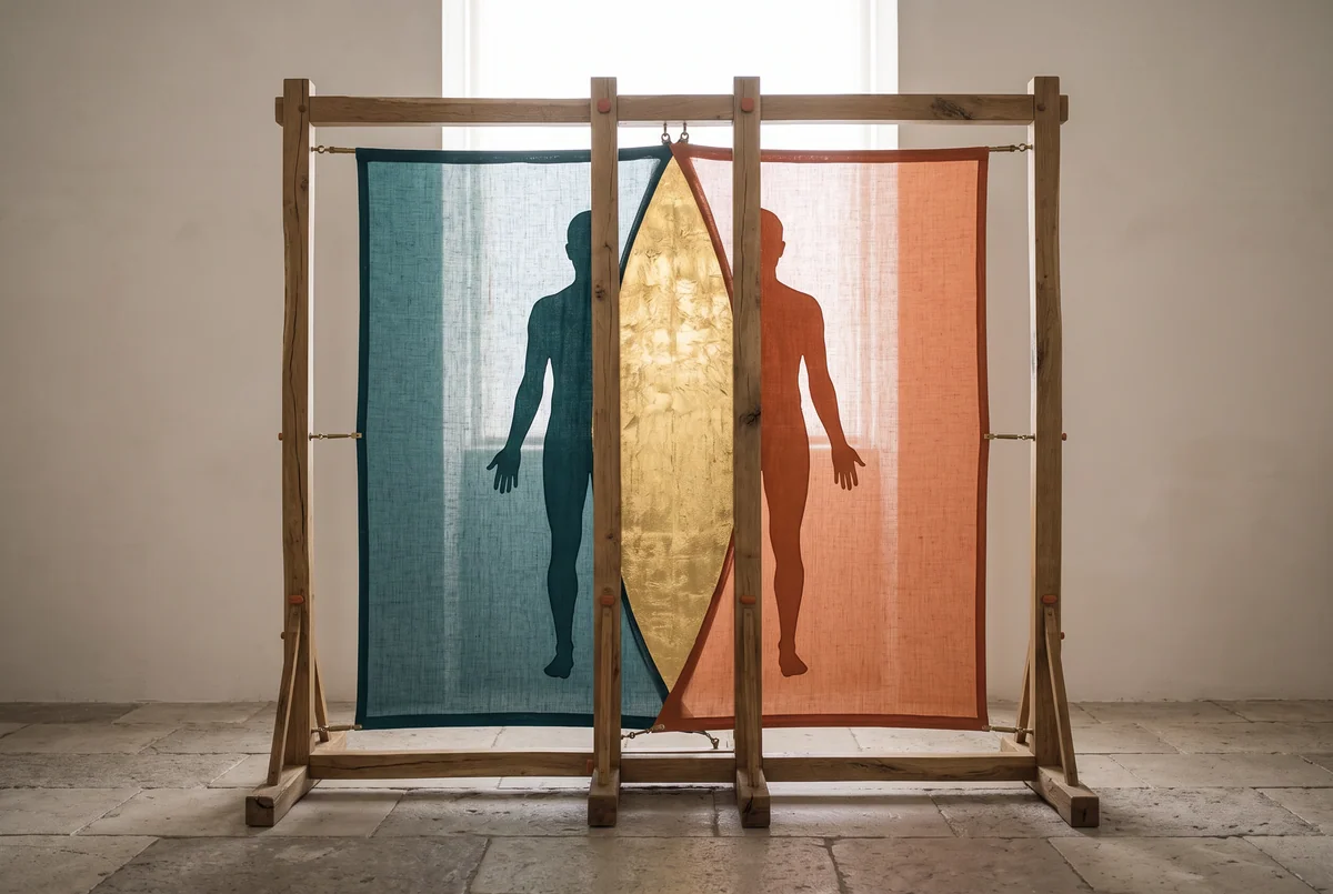 Zwei Holzrahmen mit durchscheinendem Leinen, einer teal, einer orange, überlappen sich; jeder trägt die Silhouette einer halben Figur, gemeinsam ergeben sie einen ganzen Menschen. Die Überlappung ist mit Blattgold belegt.