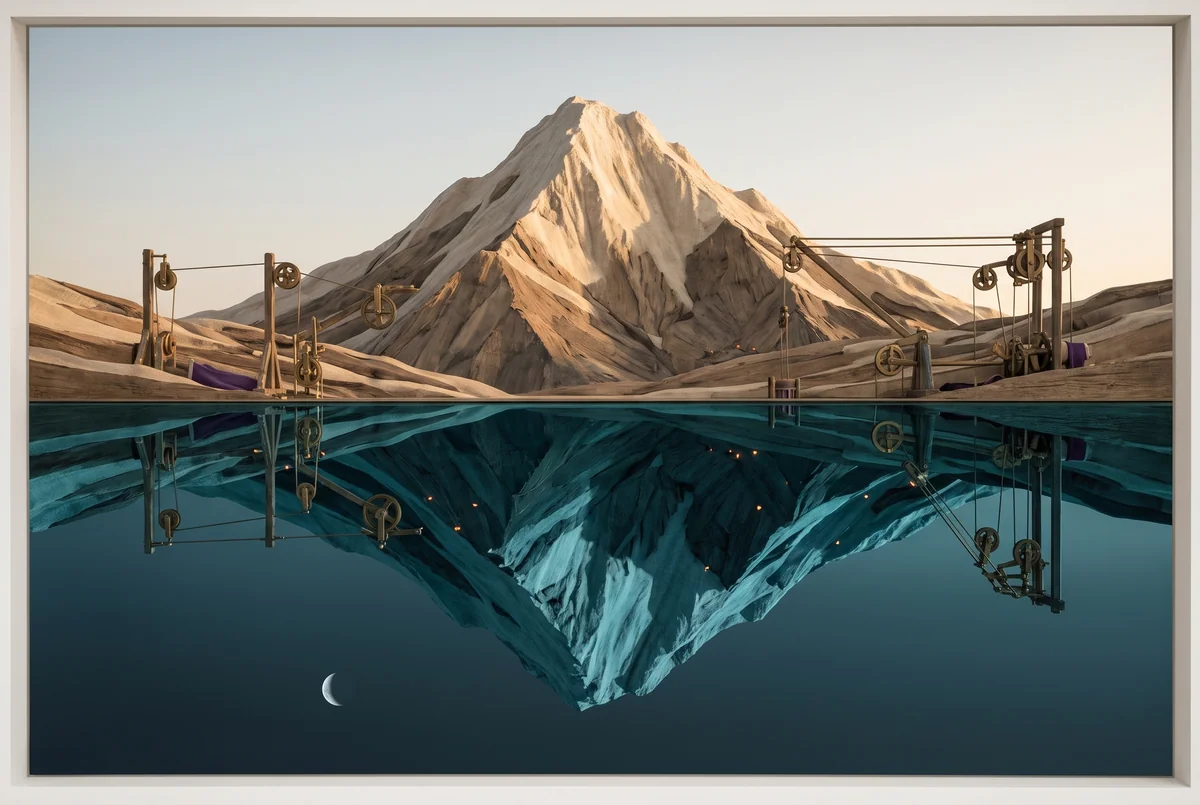 Ein stiller Bergsee: oben ein Berg im warmen Tageslicht, unten sein Spiegelbild in teal-blauer Nacht mit Mond, beide Hälften gleich scharf.