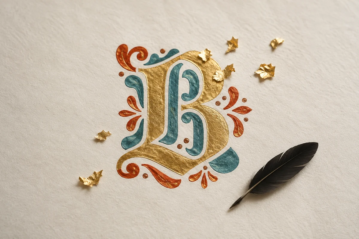 Eine große verzierte Initiale in Gold, Teal und Orange auf Elfenbein, mit abgelösten Blattgold-Flittern und einer Feder daneben.