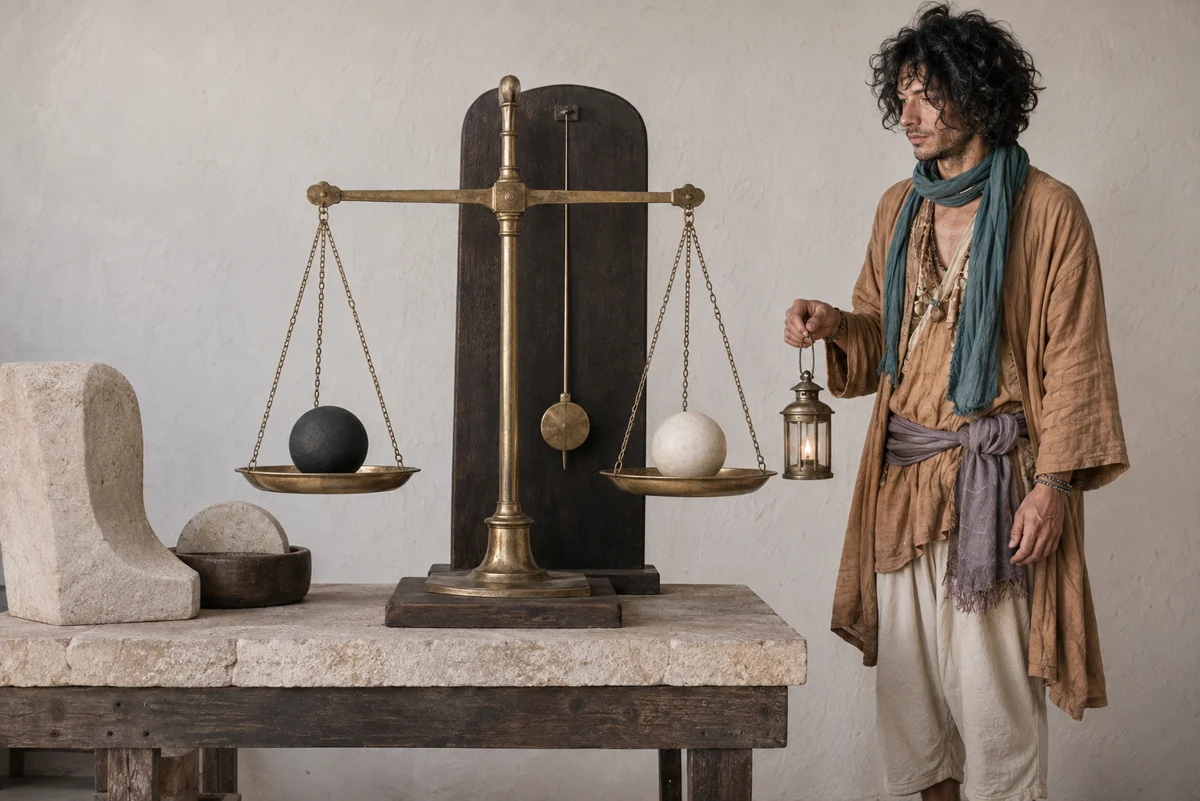 Eine goldene Balkenwaage ruht vollkommen im Gleichgewicht, in ihren Schalen zwei gleich große Kugeln, eine anthrazitfarben, eine elfenbeinweiß; dahinter steht ein reglos senkrechtes Pendel, von rechts betrachtet Chai die Szene.