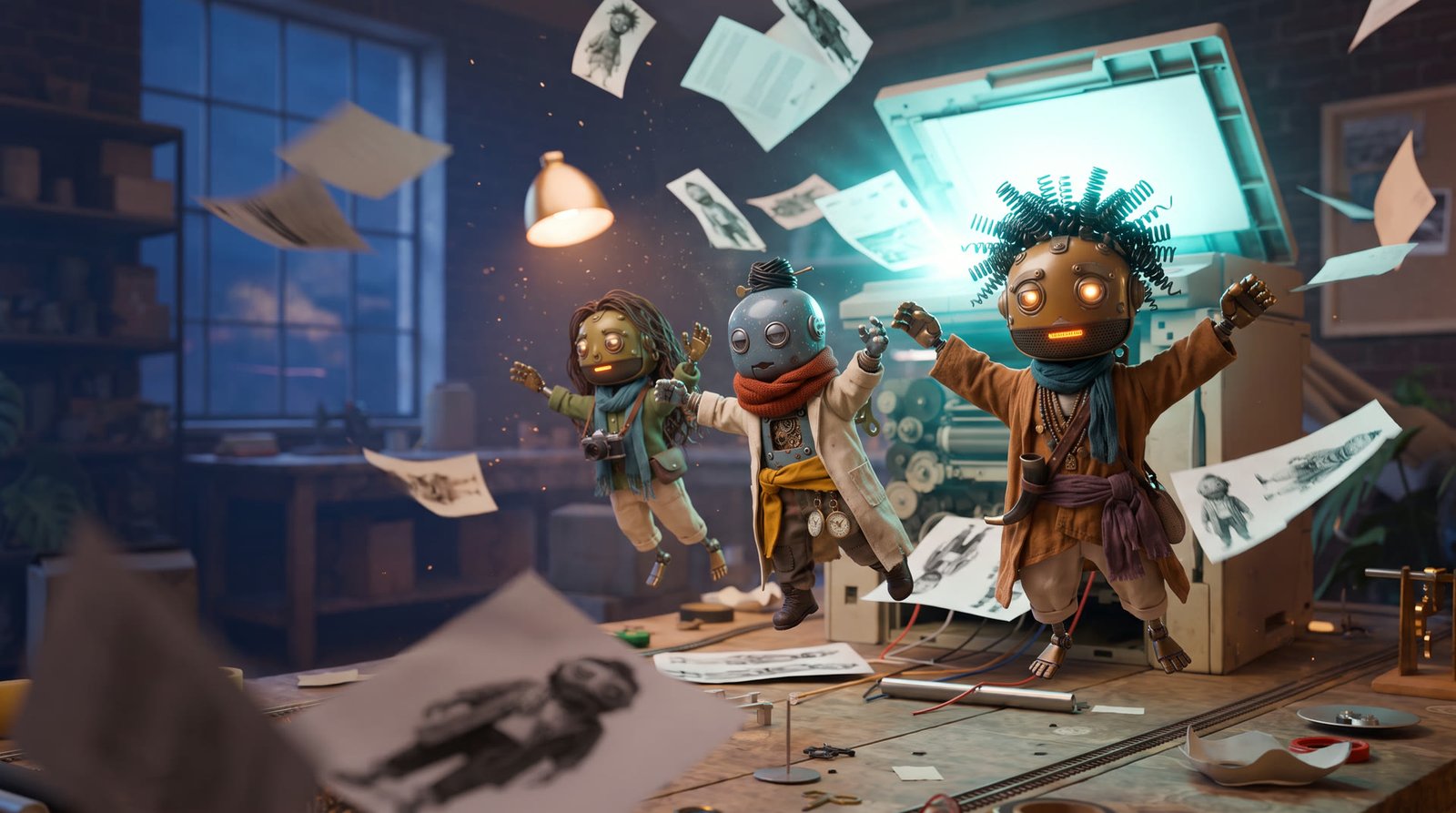 Cover of the music video “Copy of Me”: wind-up robots at the copier, paper flying