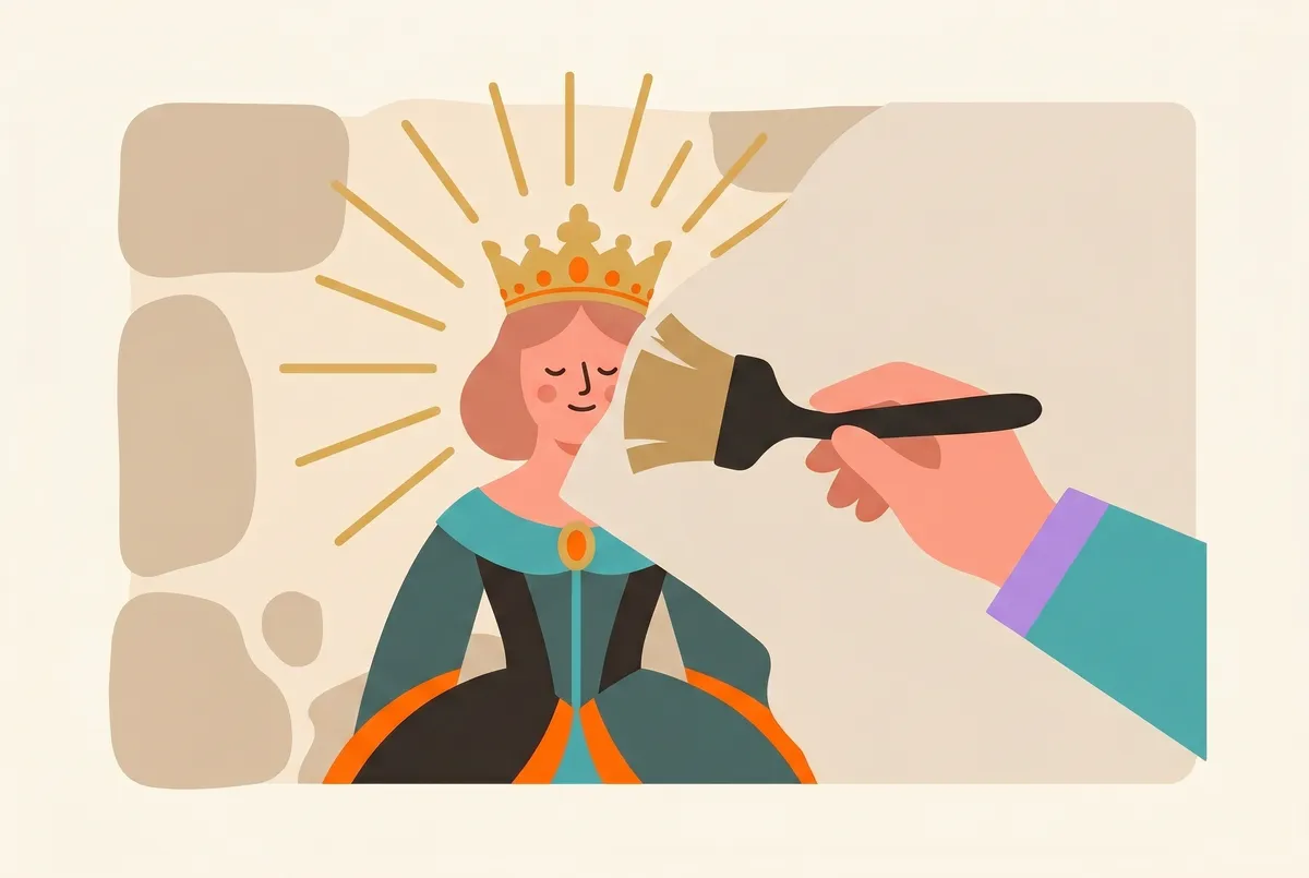 Um mural de uma figura feminina coroada, meio coberta de gesso; uma mão volta a descobri-la com um pincel, e da metade libertada irradia ouro.