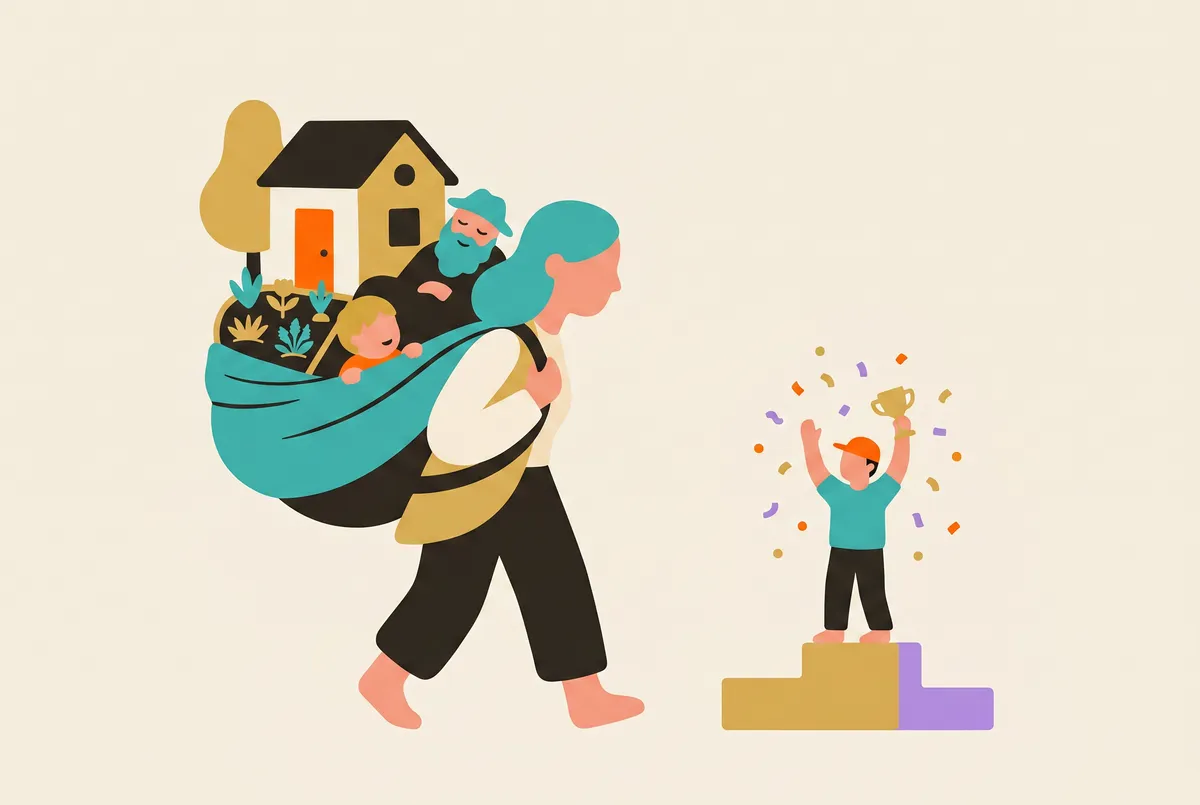 Uma mulher carrega todo um pequeno mundo às costas: casa, filho, jardim e uma pessoa idosa. Em primeiro plano, um pódio celebra um homem com um troféu minúsculo.