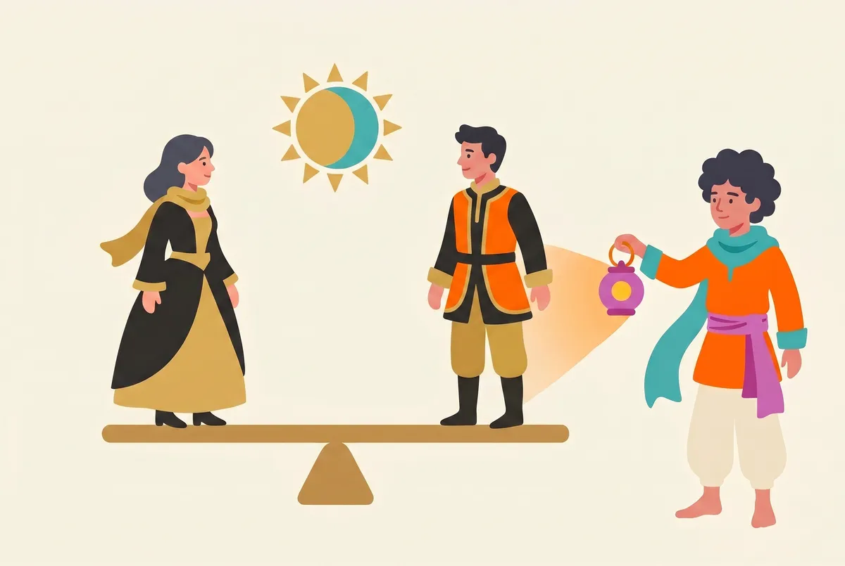 Uma balança de braços perfeitamente horizontal: nas duas pontas, do mesmo tamanho, uma mulher e um homem; sobre o centro, um disco meio sol, meio lua. À direita, Chai observa a cena com calma, com a sua lanterna.