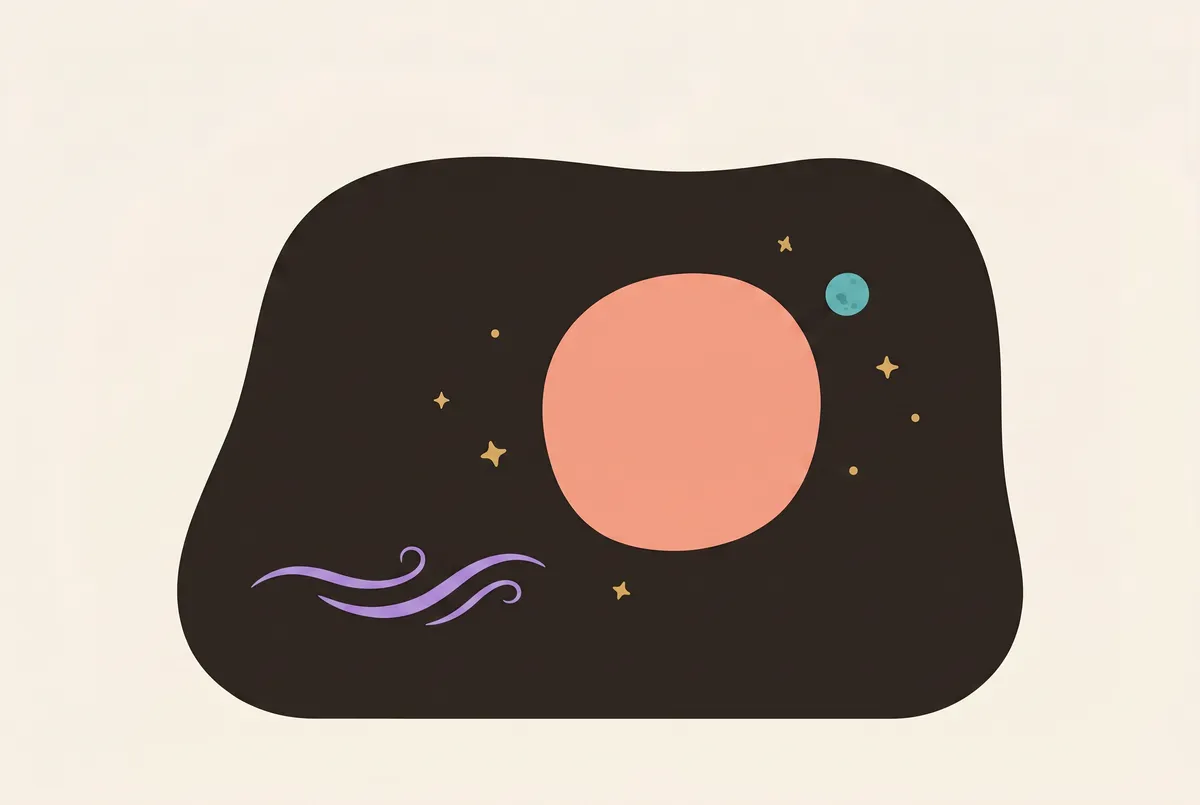 Planet biru kecil menggantung di langit gelap di belakang planet yang lebih besar.
