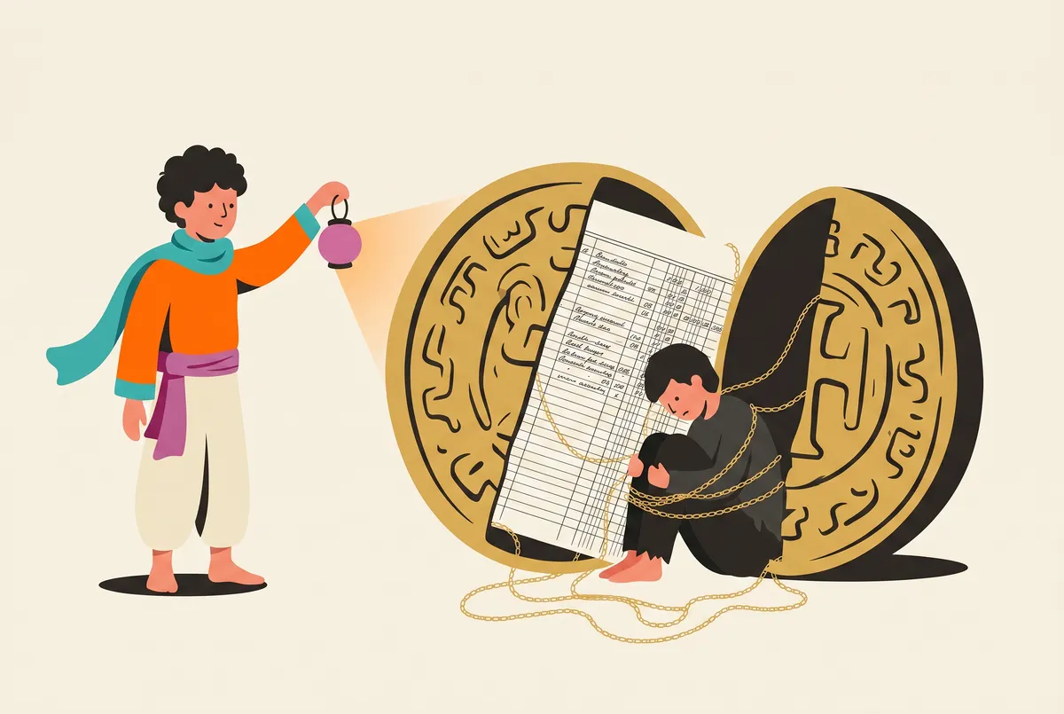 Uma moeda de ouro gigantesca aberta como um medalhão; lá dentro, uma página manuscrita de um livro de dívidas cujas linhas correm como correntes em torno de uma pequena figura curvada. Da esquerda, Chai projeta a sua luz para dentro.