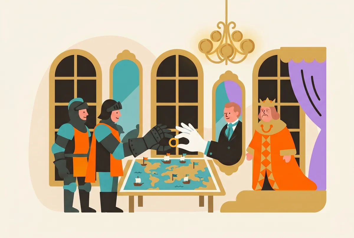 Um casamento sobre uma mesa de jogo: uma manopla de armadura e uma luva branca de banqueiro trocam um anel; por cima paira um candelabro feito de moedas.