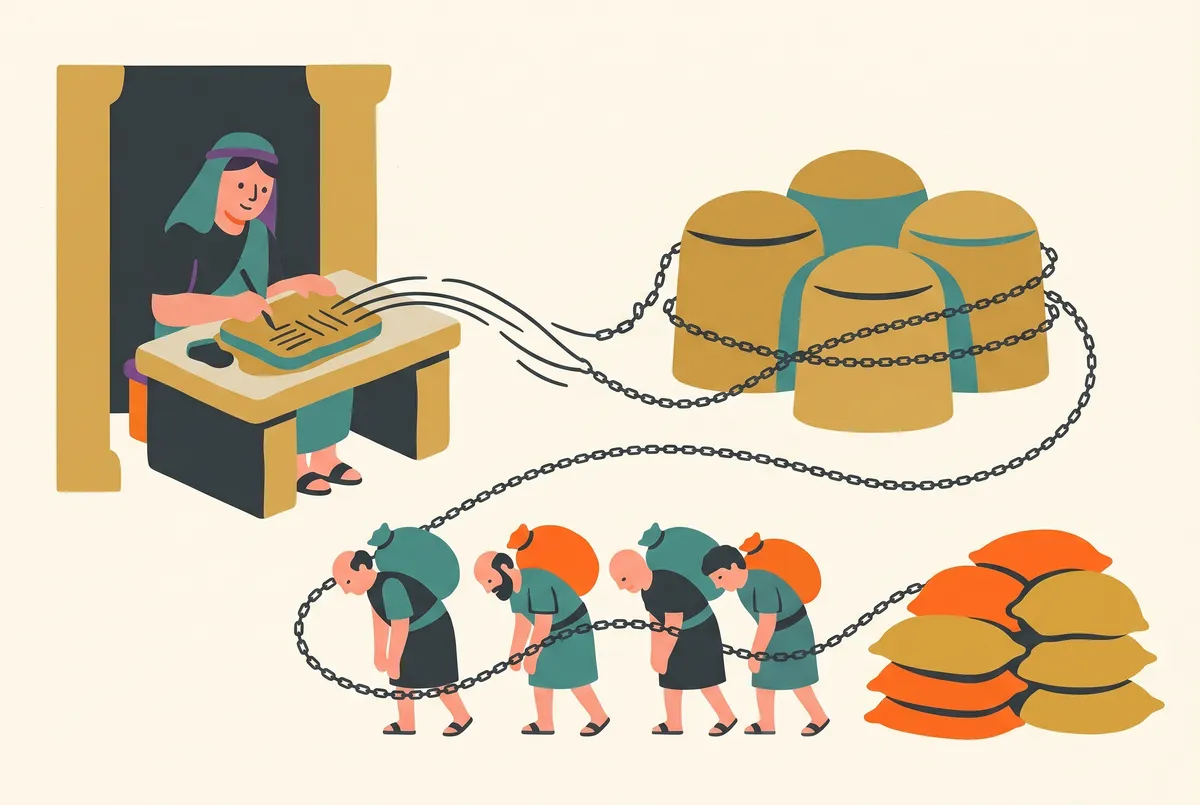 A temple scribe presses marks into a clay tablet; the incised lines flow off it and become thin chains looping around grain silos and a row of bowed workers.