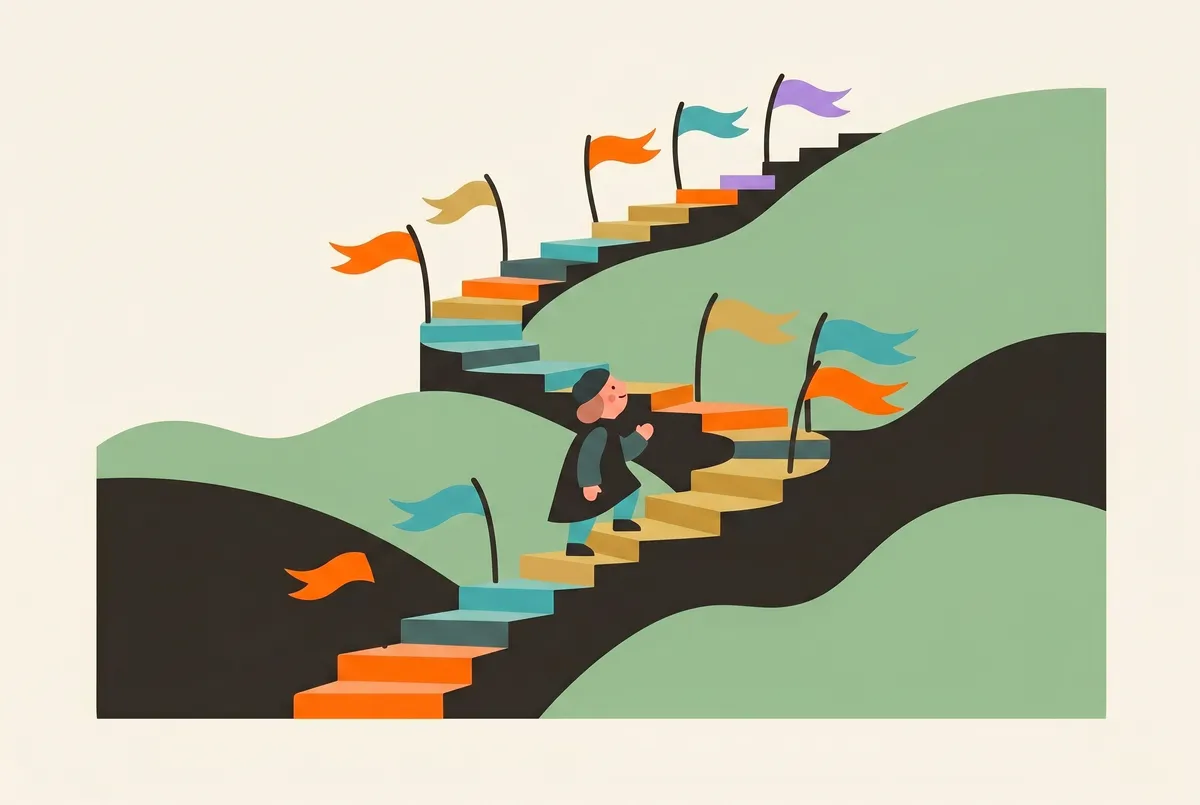 Eine Spiraltreppe windet sich durch einen Hügel, jede Stufe trägt ein Banner in anderer Farbe; mittig klettert eine kleine Figur nach oben.