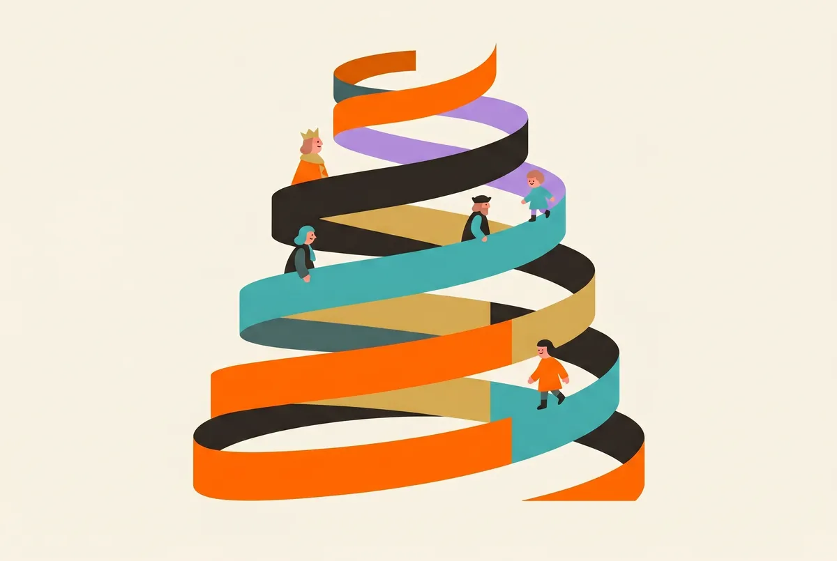 An ascending spiral ramp of eight coloured bands; small figures stand on different bands.