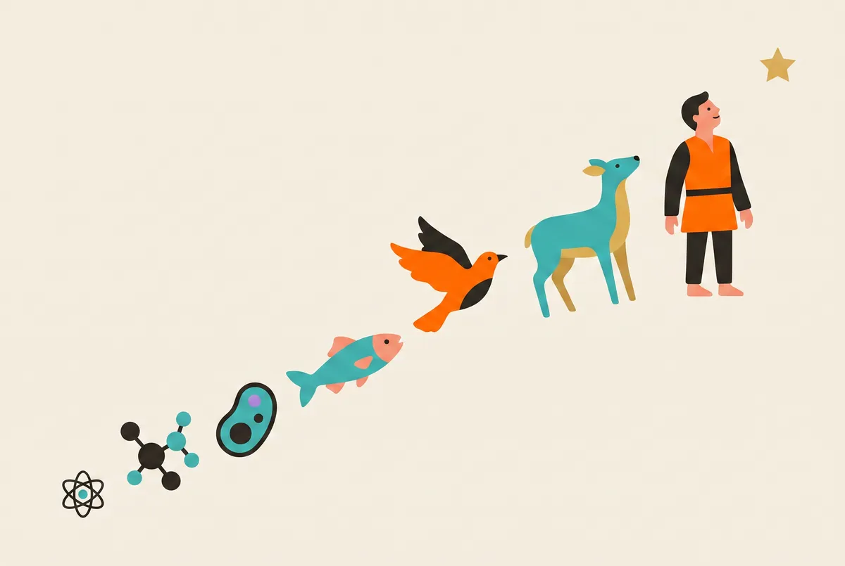 An arc runs from atom through molecule, cell, fish, bird and beast to a human gazing up at a star.