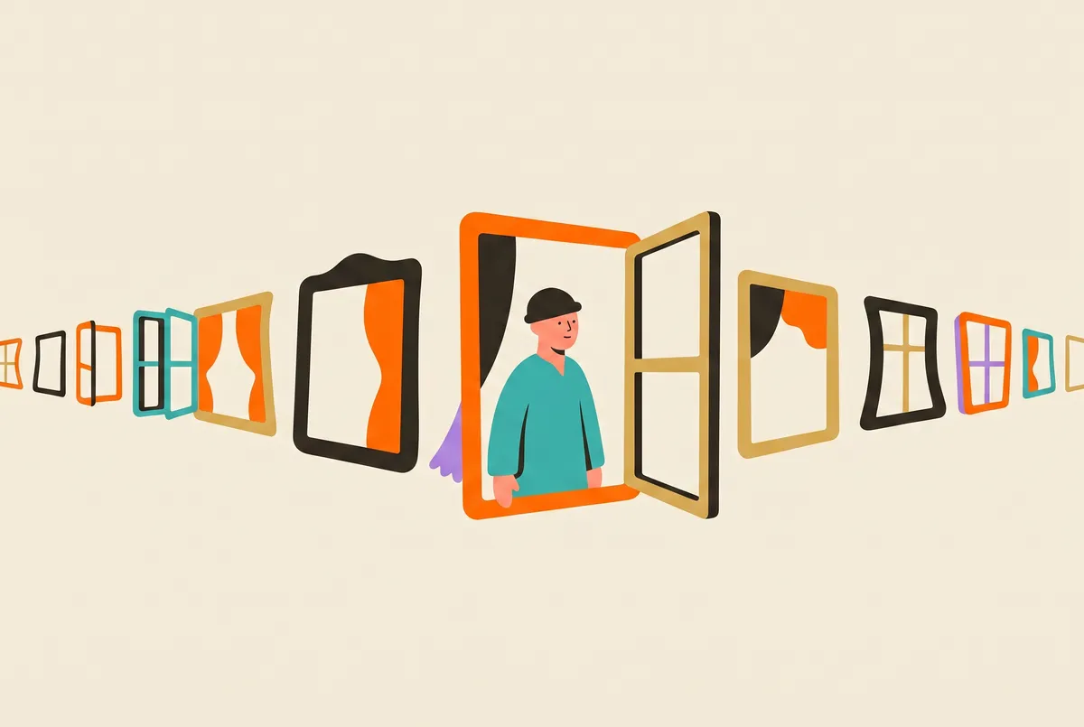 A figure stands inside a floating window frame; more frames line up before and behind it.