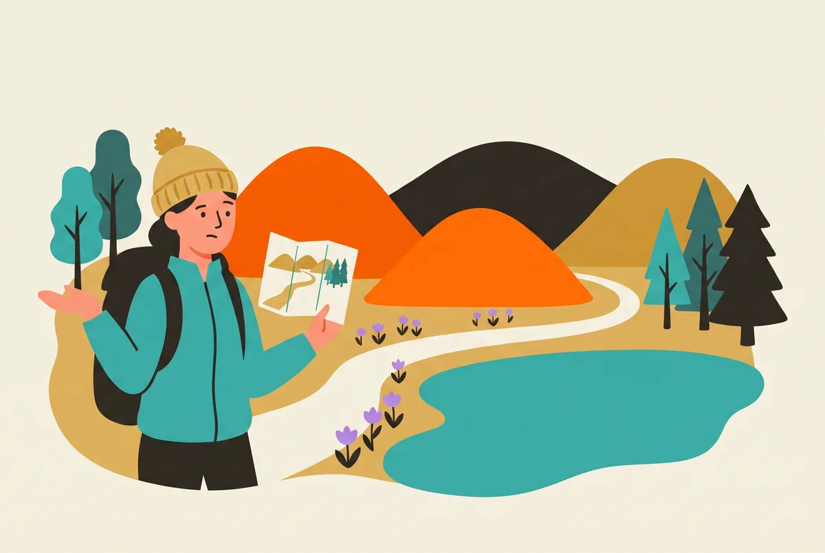 A wanderer holds a folding map up against the landscape, which playfully diverges from it.