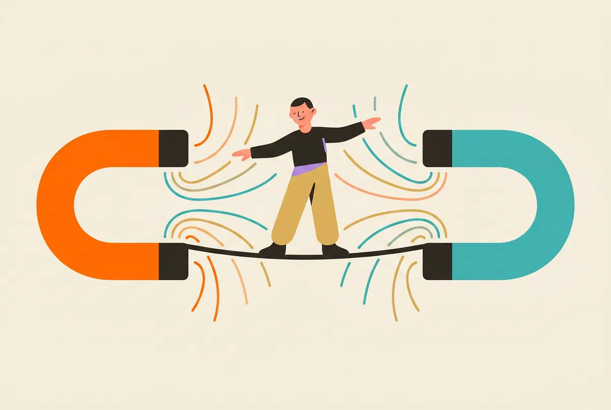A figure balances calmly between two magnetic poles in orange and teal; neither pole wins.