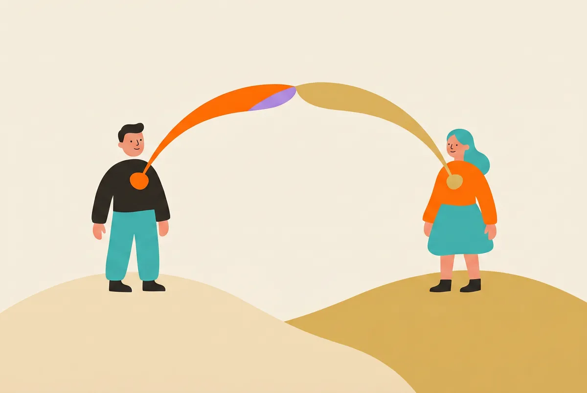 Two figures stand on two hills; the arcs from their hearts meet exactly in the middle.
