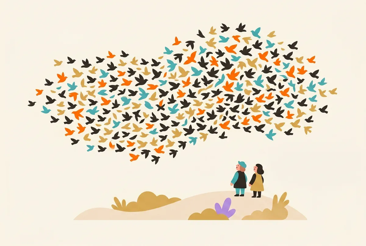 A flock of birds forms an almost-recognisable pattern; two tiny observers marvel below.
