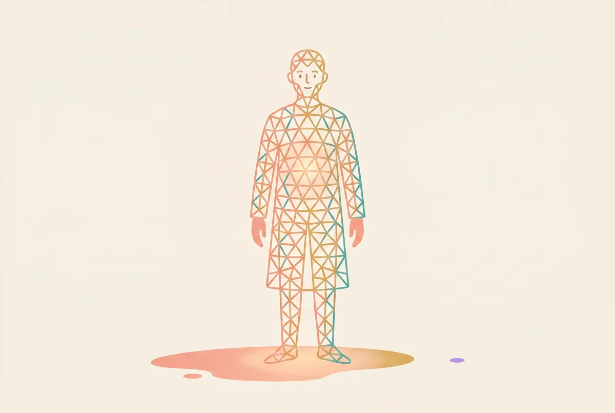 A standing figure made entirely of a translucent triangular lattice; light falls through it.