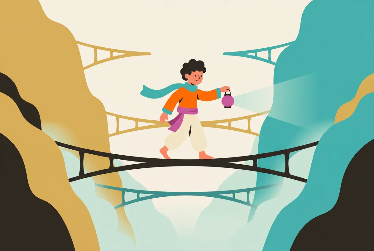 Five slender bridges span a misty gorge between a golden rock face on the outside and a teal one on the inside; Chai crosses the middle bridge with his lantern.
